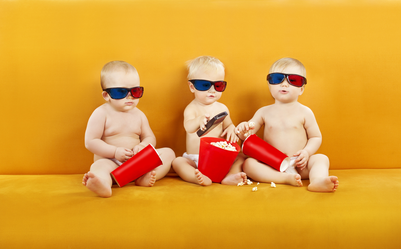Baby 3D Glasses Watching Film On TV, Children Eating Popcorn