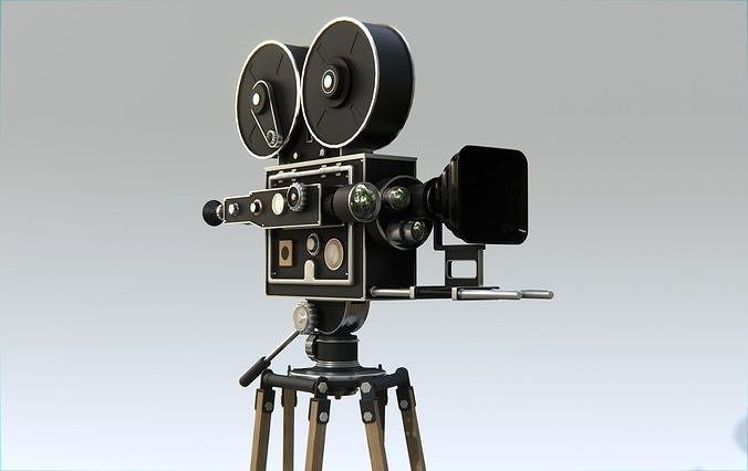 Vintage film camera on a tripod, suggesting cinematic stereo imaging equipment
